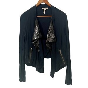 BCBGMAXAZRIA Womens Black Waterfall‎ Sequin Front Drape Cardigan Jacket S